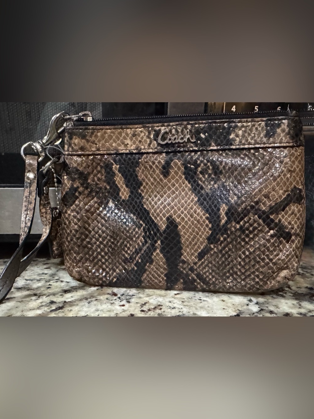 Coach Taupe and Black Snakeskin-Print Wristlet
